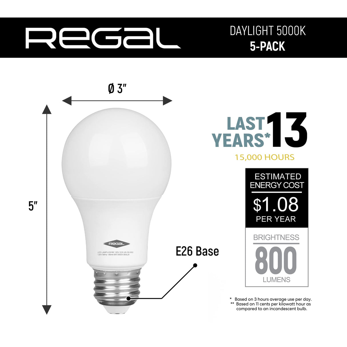 Regal LED A19 Light Bulb 5000K Daylight 800-Lumen, 9-Watt (60-Watt Equivalent), E26 Base, 5000 Kelvin, Day Light, 5-Pack, Non-Dimmable