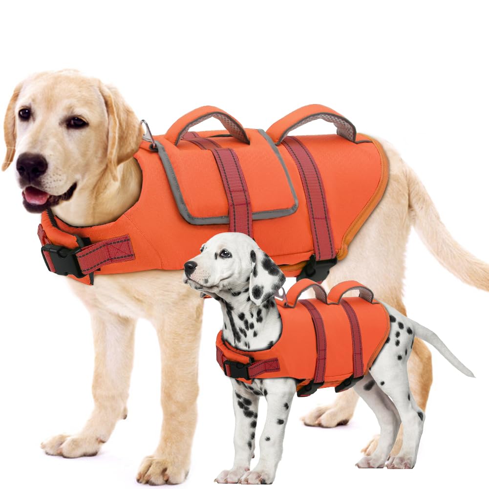 EMUST Dog Life Jacket, Thickened Dog Life Vests for Medium Large Dogs with Added Layer, Reflective Pet Life Preserver Floats for Pool Boating Swimming, Orange, M