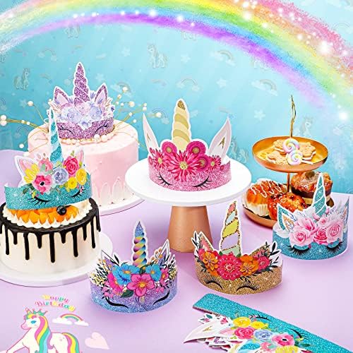 24 Pcs Unicorn Birthday Party Hats Unicorn Paper Party Crown Headbands for Girls Kids, Princess Dress up Unicorn Theme Decorations Favor Supplies Unicorn Party Headbands
