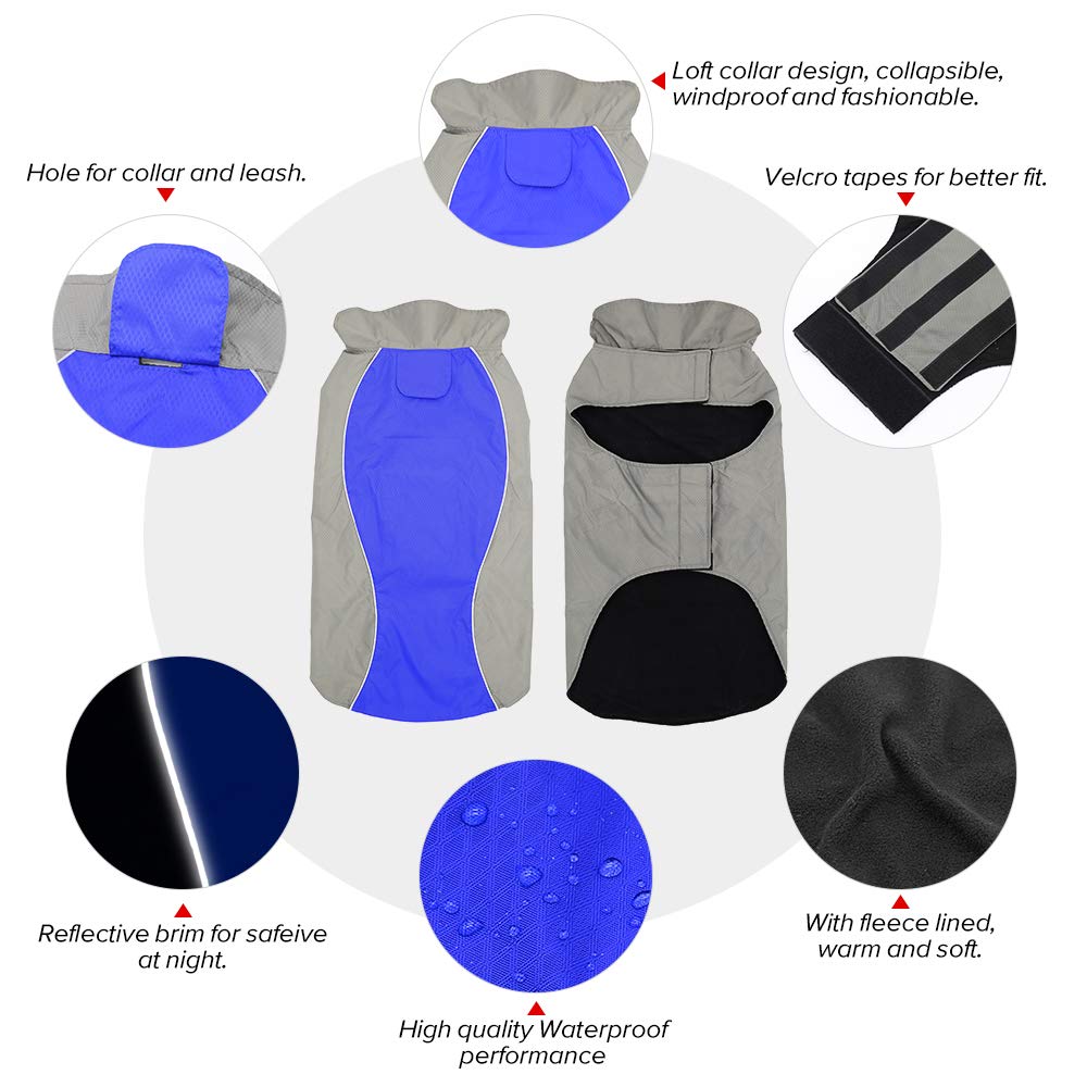 Vizpet Dog Raincoat Waterproof Coats,Dog Jacket High Visibility Warm Vest Dog Clothes for Small Medium Large Dogs (Blue-XL)