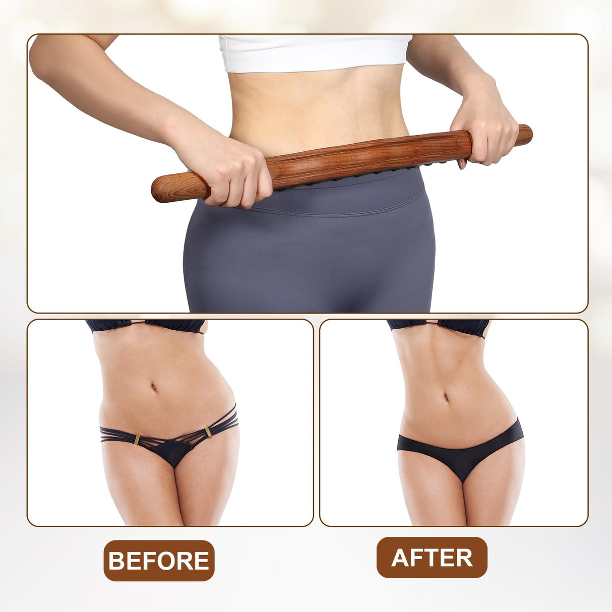 Wood Therapy Guasha Wood Stick Massage Tools,Lymphatic Drainage Massage Stick,Stomach Cellulite Massager,Myofascial Release Tool,Ease Pain Self Body Sculpting,Mountable Handle Double Row 20 Beads
