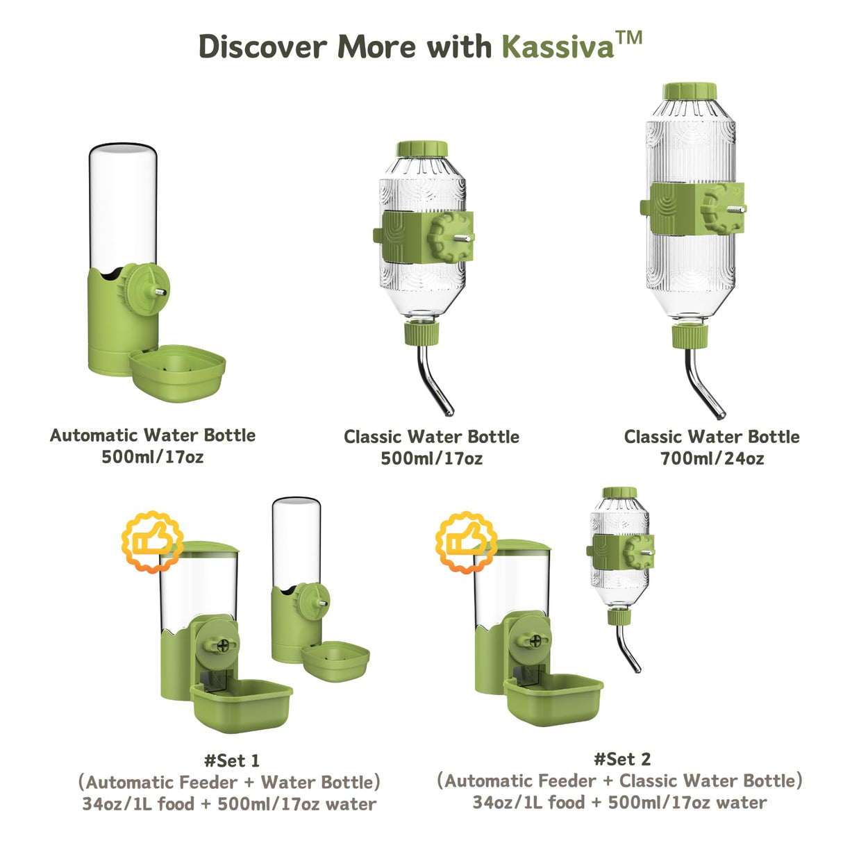 Automatic Pet Food Water Dispenser, Auto Gravity Pet Feeder Water Bottle Set for Cage, Feeding Station for Puppy Kitten Rabbit Guinea Pigs Chinchilla Ferret Hedgehog (Green)