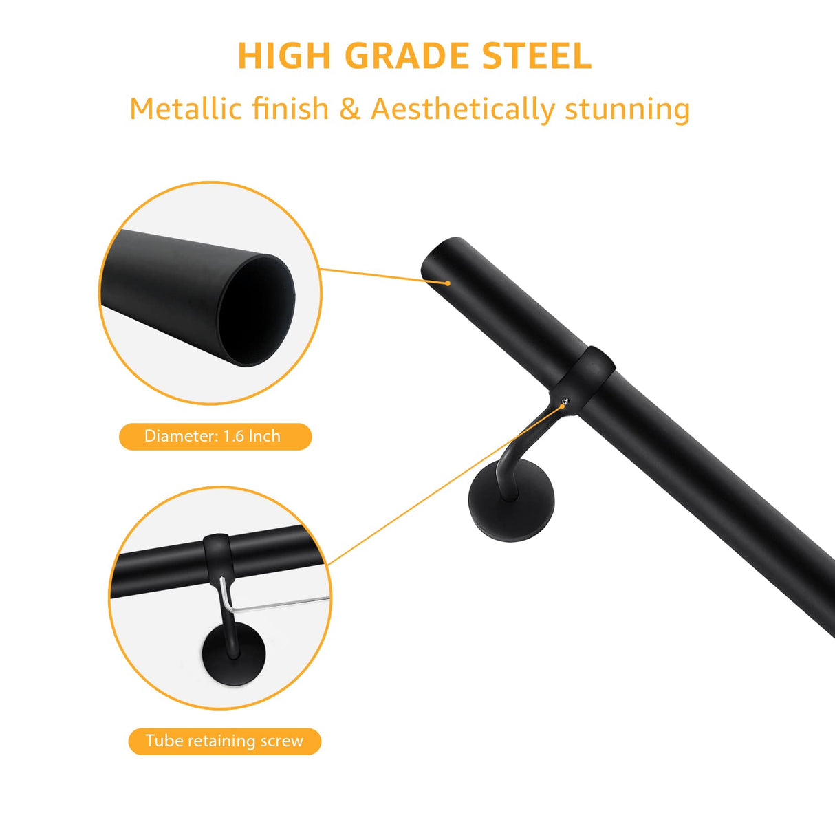 ROTHLEY Pipe Handrails for Indoor Stairs: 6.6FT Stair Railing Steel Hand Railings for Stairs Indoor Wall Mount Stair Handrail Complete Kit 1.6" Round Metal Stair Railing for Elderly & Kids