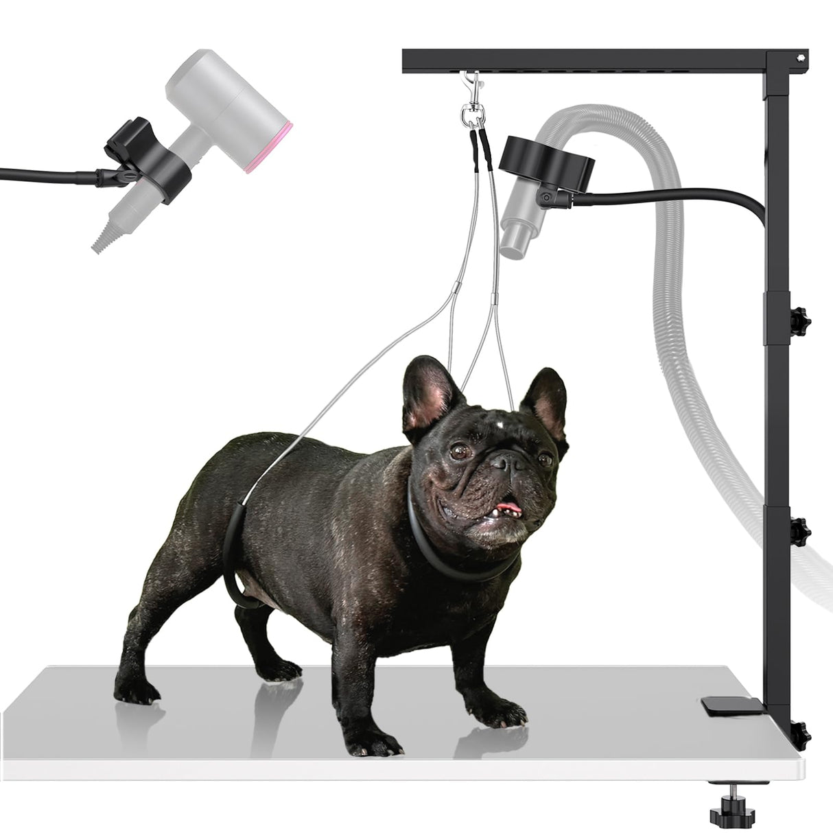 Dog Grooming Arm with Metal Clamp, Dog Grooming Table Arm & Hair Dryer Stand Hands Free Blower Hose Holder 2 in 1, Adjustable Grooming Arms for Tables with Loops for Groomers for Small Medium Pets