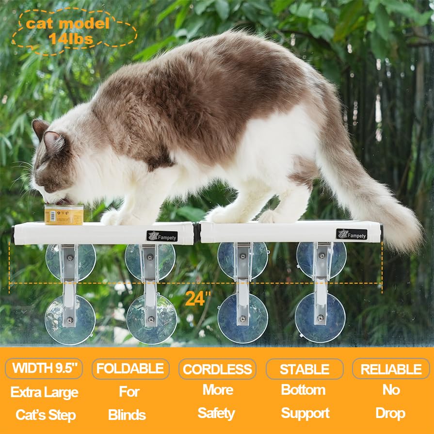 Fampety 24"XL Cat Window Perch=12" Duo Pac Step=2 Mini Stand for Narrow Space,Vertical Gym Set,8+8 Suction Cup,Hold Up 80LB,Foldable Cordless Underneath Support,Textilene Seat Bed,Easy Clean&Dry-White