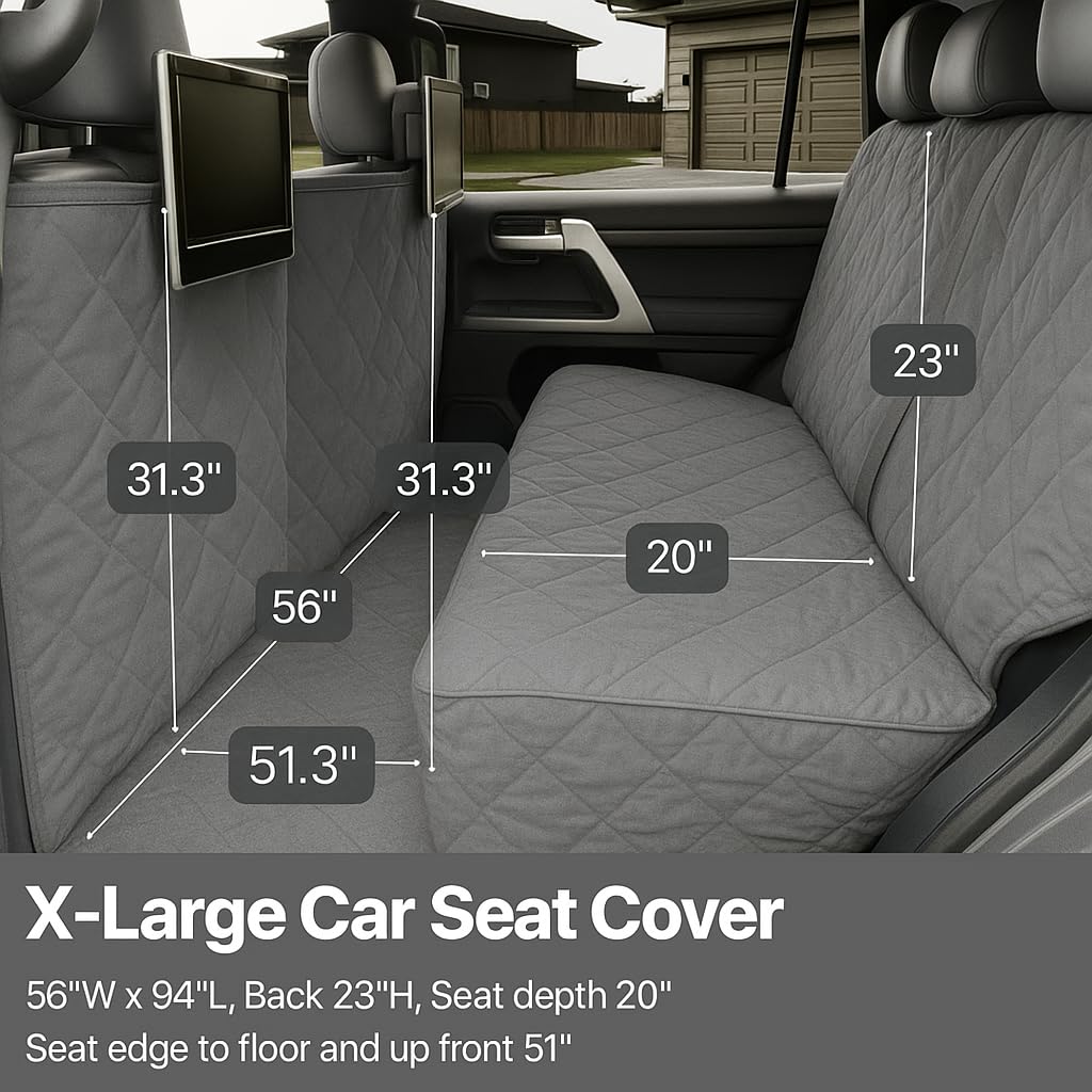 Formosa Covers Dog Car Seat Cover for Back Seat - Car Floor Cover for Dogs - Non-Slip Backing - Travel with Your Pet Mess Free - Universal Fit 56" W x 94 L, Grey