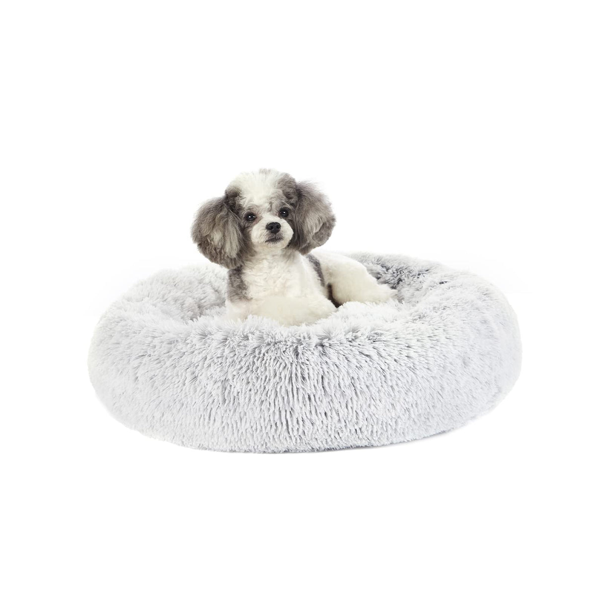 Bedfolks Calming Donut Dog Bed, 23 Inches Round Fluffy Dog Beds for Small Dogs, Machine Washable Anti-Anxiety Plush Puppy Bed(Light Grey, Small)