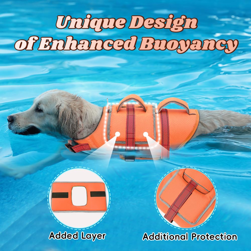 EMUST Dog Life Jacket, Thickened Dog Life Vests for Medium Large Dogs with Added Layer, Reflective Pet Life Preserver Floats for Pool Boating Swimming, Orange, M