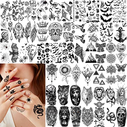 65 Sheets Black Realistic Flower Temporary Tattoos For Women Arm Thigh, 3D Fake Tattoos That Look Real And Last Long, Temp Rose Sketch Moon Snake Peony Floral Tattoo Stickers For Adults Girls