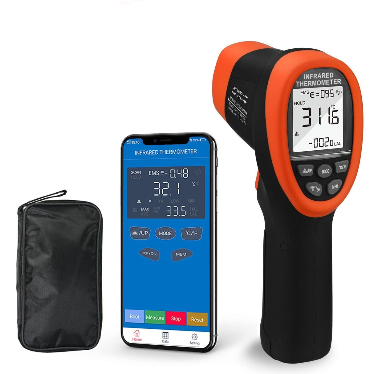 Infrared Thermometer with Bluetooth AP-985C-APP Range from -58β~1472β(-50βο½800β),16:1Laser Temperature Measure Gun, Data Record, Adjustable Emissivity for Forge Cooking