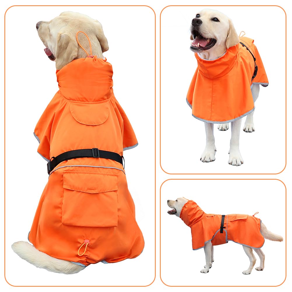 KOOGAL Reflective Dog Raincoat Waterproof Adjustable Dog Hooded Poncho Raincoat for Medium Large Dogs, Lightweight Pet Rain Jacket (Orange, 3XL)