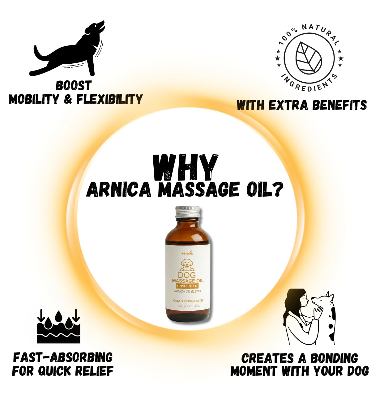 KELEBS Dog Arnica Massage Oil | Pain Relief for Muscles, Arthritis, HIPS, and Joints | for Active & Senior Dogs | Organic Arnica-Infused Oil Blend – Only 5 Ingredients | Glass Bottle