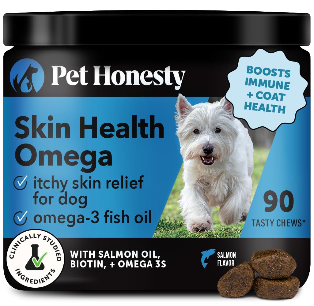 Pet Honesty Omega Skin Health Chews for Dogs, Alaskan Salmon Oil, Omega-3 Fish Oil, Krill, Spirulina, Omega-3s, Healthy Skin & Coat, Itchy Skin, Dog Allergies, May Reduce Shedding (90 Count)