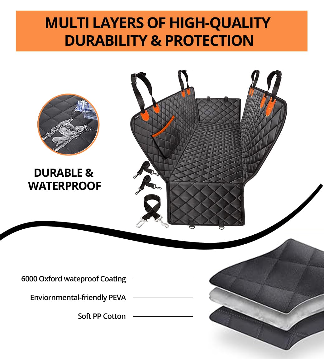 Universal Dog Car Seat Extender - 100% Waterproof Hammock, Heavy Duty Non-Slip Back Seat Protector for Cars, Trucks, and SUVs - Durable Pet Travel Bed with Storage Pocket - Black