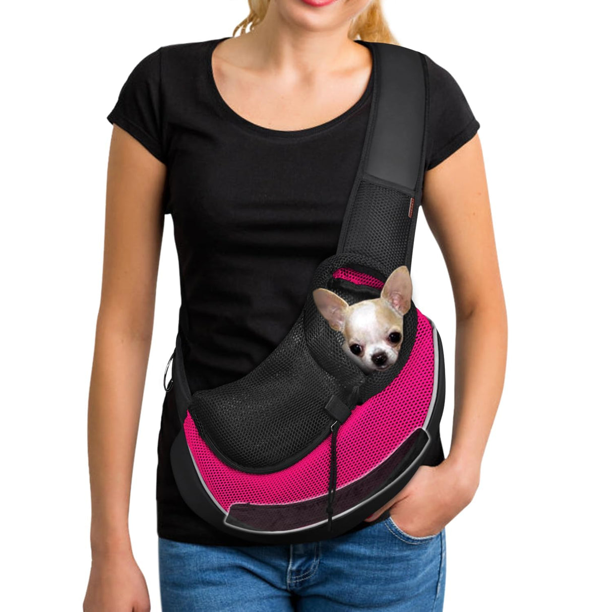 YUDODO Pet Sling Carrier for 5-9 lbs Small Dogs & Cats – Hands-Free Puppy Carrier with Safety Hook, Large Zipper Pocket, Soft Breathable Mesh, Adjustable Strap & Reflective Strip (Pink 3.0 M)