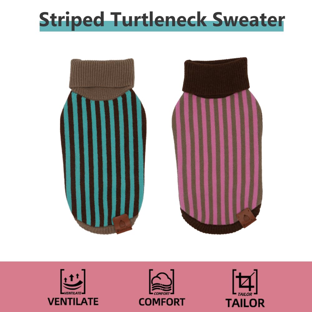 WienieDay Cozy Striped Turtleneck Sweater for Dachshunds and Small Dogs, Knitted Stretchy Pullover for Medium Dogs (Blue&Brown, Medium (12-16 lbs))