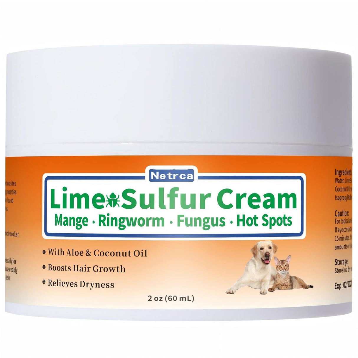 Netrca Lime Sulfur Cream, Mange Treatment Dogs, Ringworm Treatment for Cats & Dogs, Soothes Itchy, Dry, Inflamed Skin, Promotes Hair Regrowth, Low Odor, No Rinse Needed, 2oz