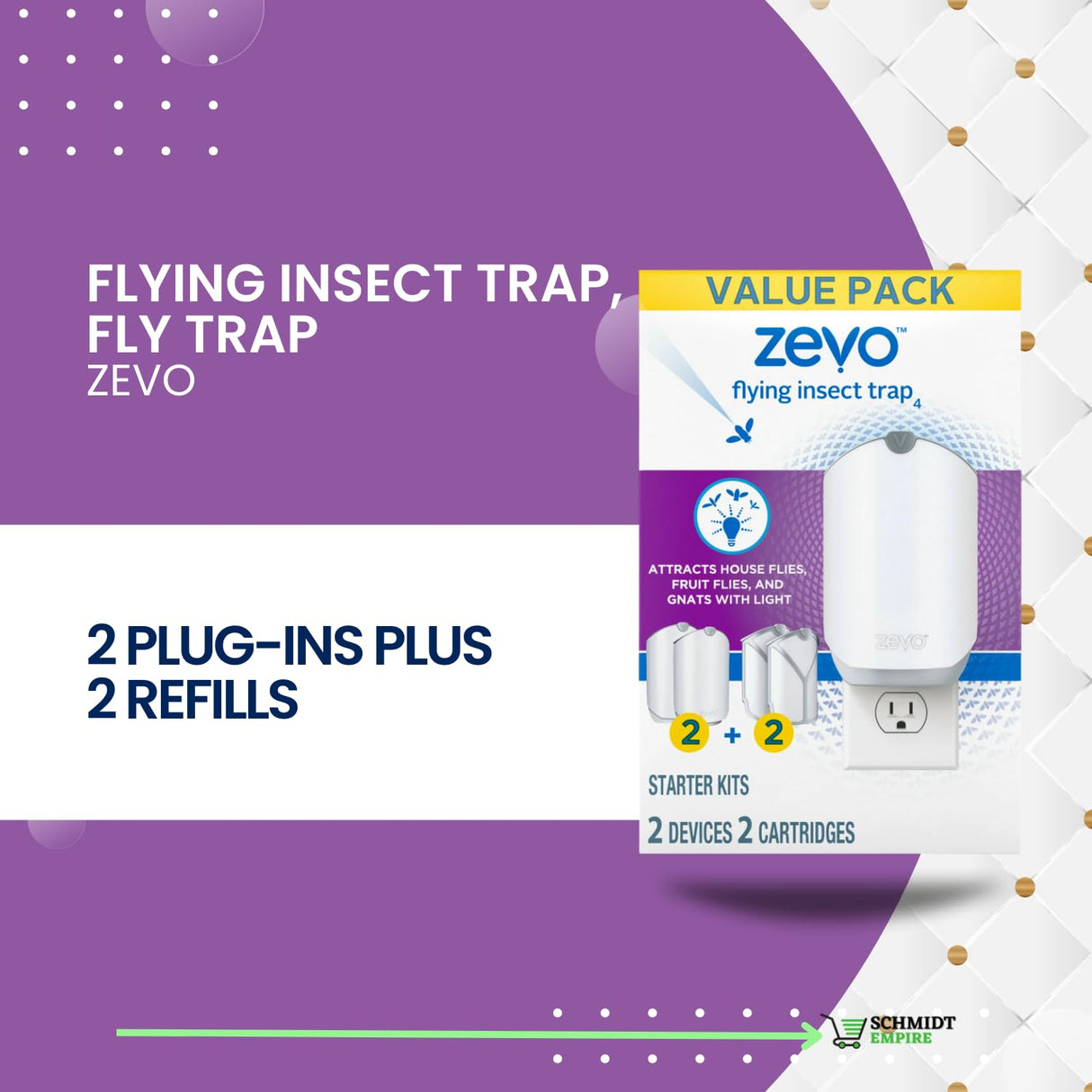 Zevo Indoor Flying Insect Trap Fly (Refill + Device) Includes Bundle Multi-Pack(2 Plug-Ins Plus 2 Refills) + 1 Card Protector SchmiidtEmpire + Sticker