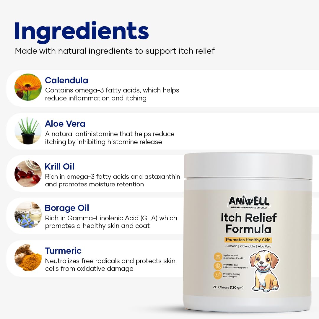 Aniwell Itch Relief Chews for Dogs – Vitamin E & Borage Oil Supplement – Packed with Beneficial Fatty Acids for Healthy Skin – Seasonal Allergies Support