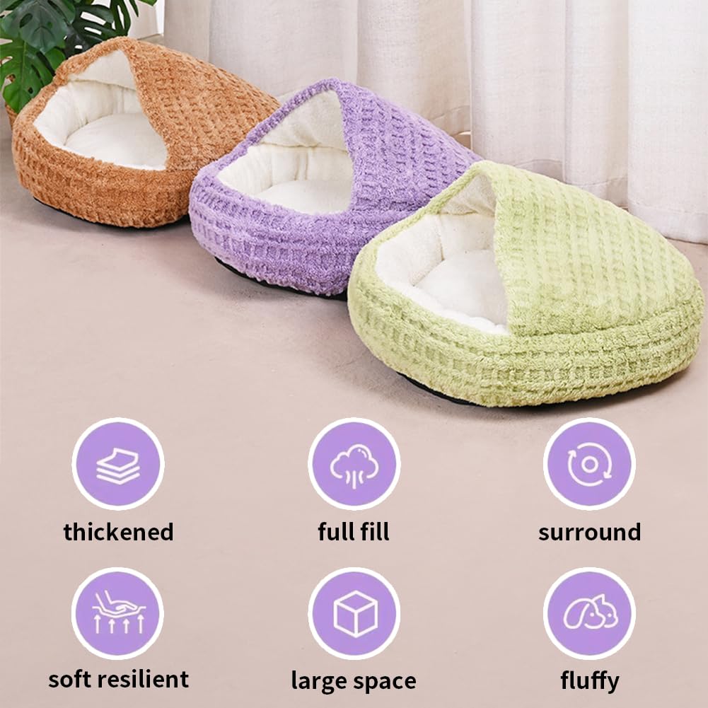 Plush Cat Bed Hooded Semi Enclosed Shell Shaped Pet Nest Cozy Warming Anti-Slip Small Dog Bed for Puppy and Kitten (Coffee, Small)