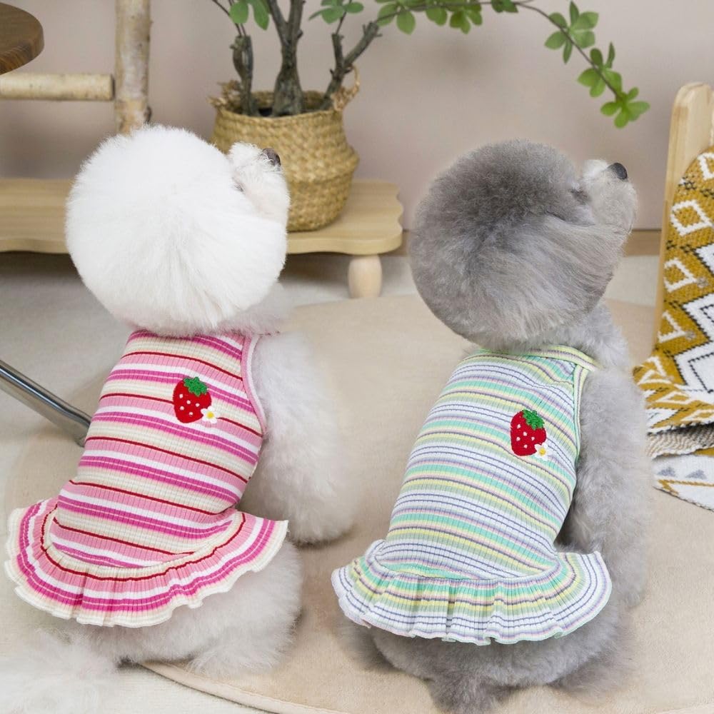 2PCS Charming Striped Dog Dress with Strawberry Patch & Lace Trim, Soft Elastic Cotton Clothes in Pink & Green, Perfect Outfit for Small Dogs, Puppies & Cats(2PCS A,XL)