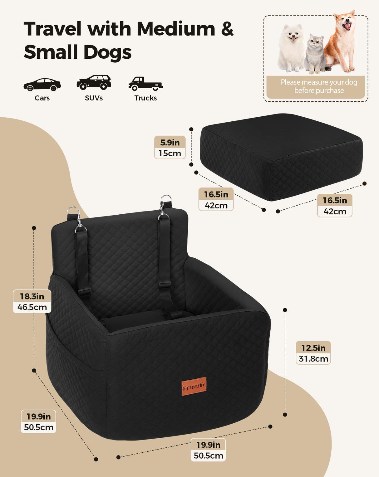 Petcozife Dog Car Seat for Small & Medium Dogs Under 35lbs, Detachable & Washable Pet Car Seat, Interior Height 6 Inches Pet Travel Bed with Storage Pockets and 2 Dog Safety Belts (Black)