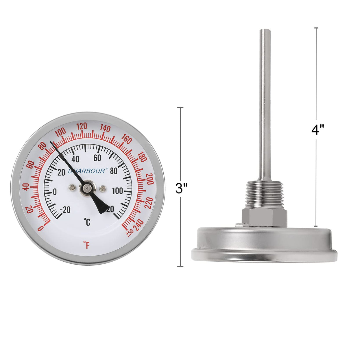 Uharbour 3" Dial Fully Stainless Steel Thermometer for Pot, Kettle, Brewing Bimetal, 4" Stainless Steel Stem, 0-250 deg F/-20-120 deg C, Accuracy +/-1%, Adjustable, 1/2" NPT Back Mount…