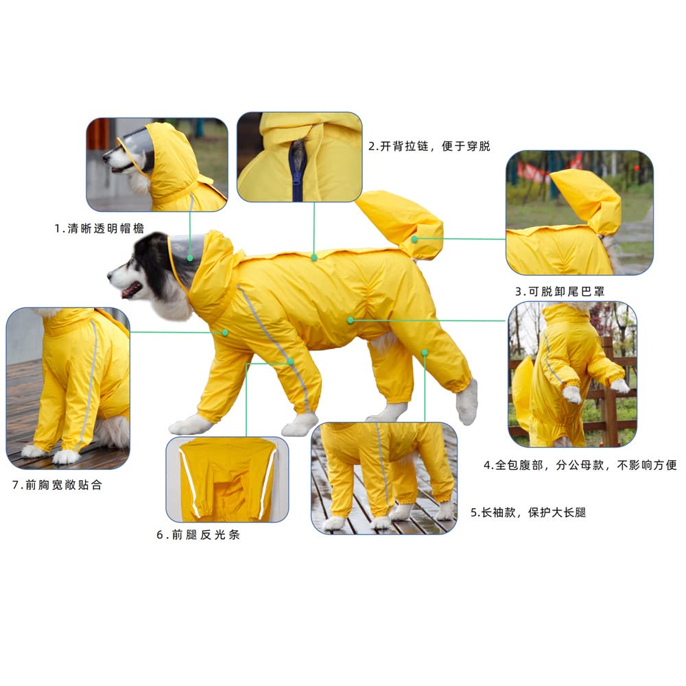 Leowow Dog Raincoat, 4 Legs Large Dog Rain Jacket with Reflective Stripe,Dog Hooded Waterproof Raincoats for Big Dogs,Large Breeds Dogs Rain Jackets with Legs,Tail(Yellow,9XL)