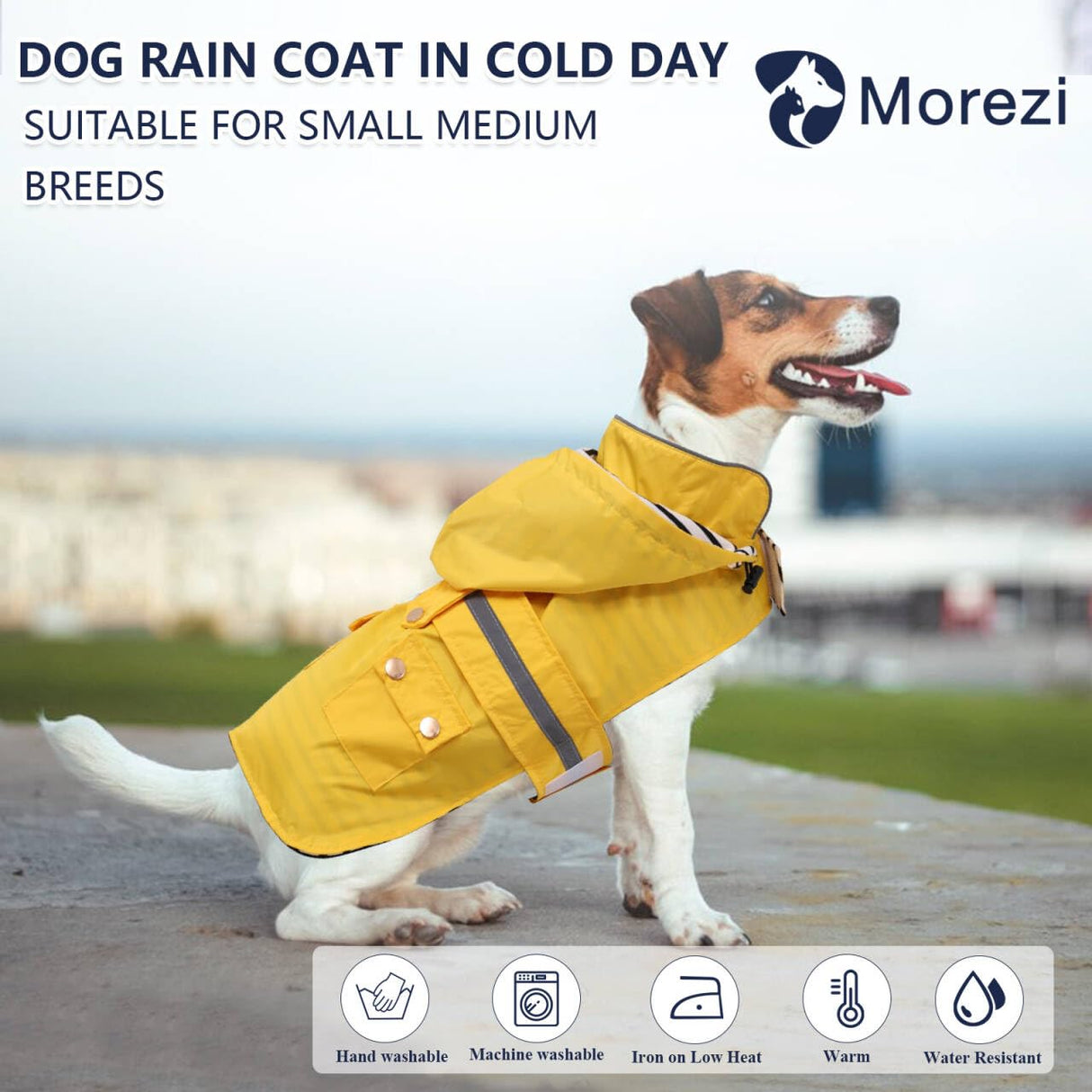 Dog Raincoat Puppy rain Jacket with Removable Hood for Small Medium Breeds Reflective Strap Storage Pockets in Cold Day Yellow M
