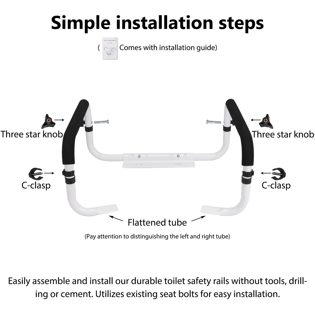 Toilet Safety Rail, Toilet Grab Bars for Seniors and Disabled with Adjustable Width, Toilet Safety Frame for Seniors Supports 350lbs (White - Capacity 350 lbs)