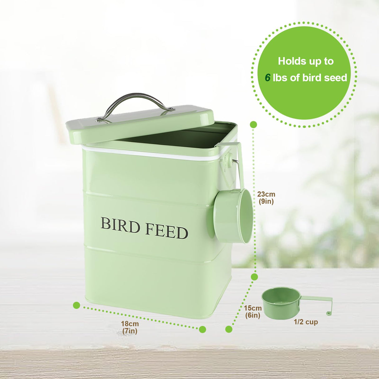 Brabtod Bird Seed Storage Container Airtight,5~6LB Metal Bird Food Container with Scoop,Wild Bird Seed Tin for Storing Sunflower Seed-Ideal for Outdoor or Indoor-Squirrel proof -Green