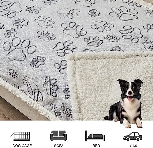 Qeils Dog Blankets for Large Dogs - Waterproof Pet Blanket Washable - Sherpa Fleece Puppy Blanket, Soft Plush Reversible Dog Blanket, Couch Cover for Dogs Washable, 30"X70", Grey Paw Print