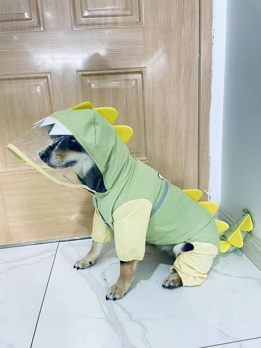 Waterproof Dog Raincoat, Dinosaur Design, Full Body Protection with Elastic Trousers, for Small Dogs (Green, Medium)