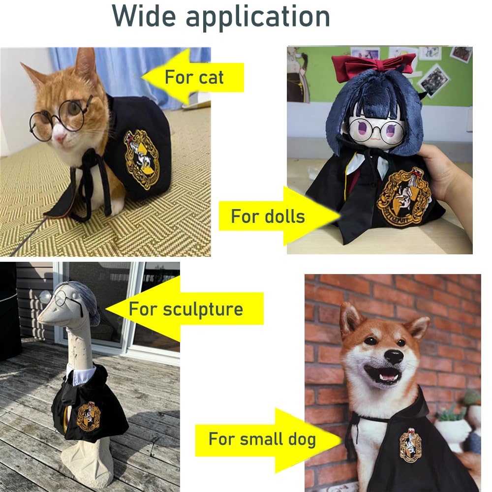 ANIAC 3PCS Halloween Dog Costume Cat Wizard Cape Glasses and Necktie Set Halloween Puppy Outfit Pet Academy Magician Cosplay Apparel for Kitten Cat Small Dogs (Black+Yellow, Medium)