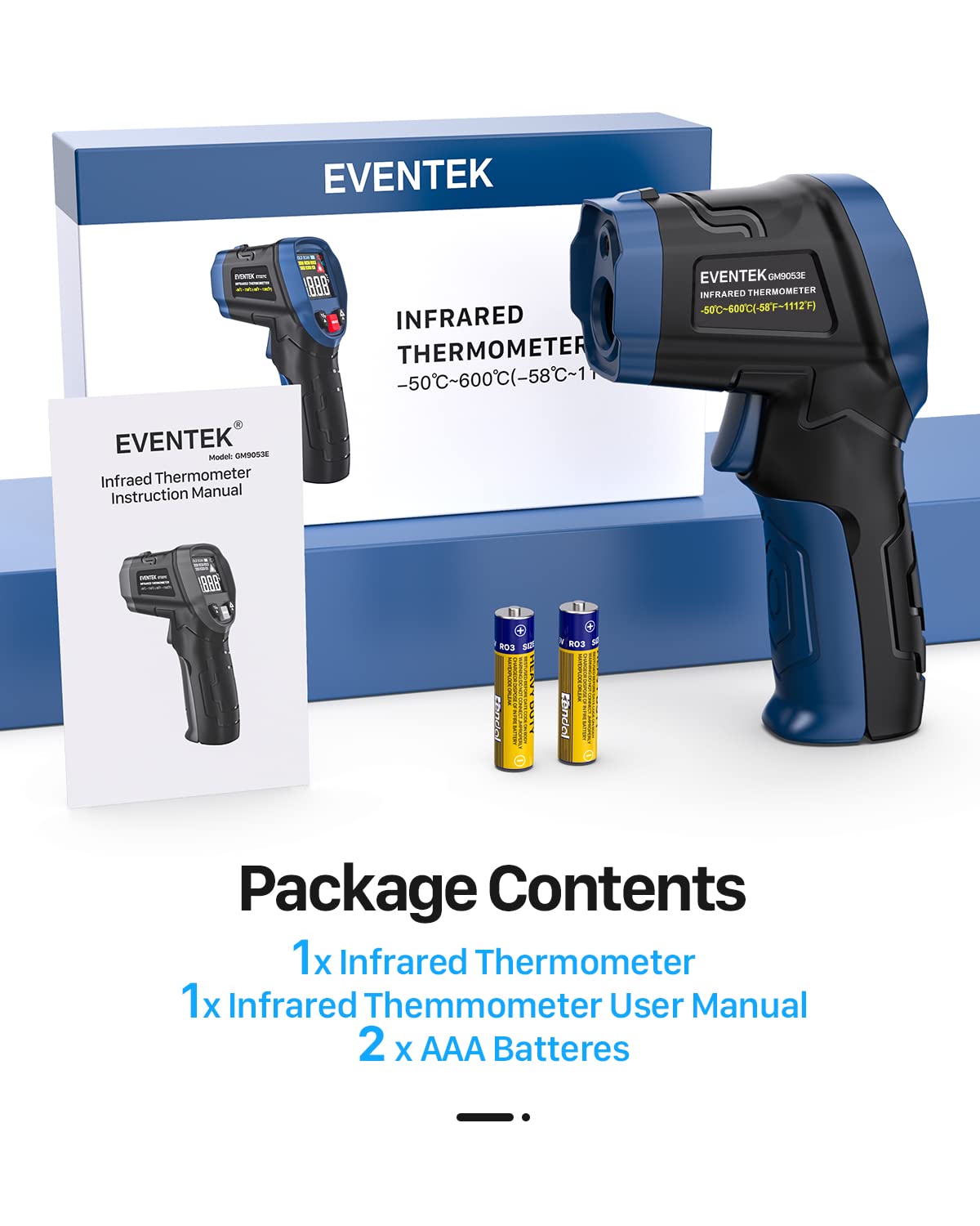 Eventek Infrared Thermometer, -58°F~1112°F (-50°C~600°C) Non-Contact Digital Temperature Gun for Cooking, Pizza Oven, Grill & Engine, Laser Thermometer Gun with Adjustable Emissivity (Not for Human)
