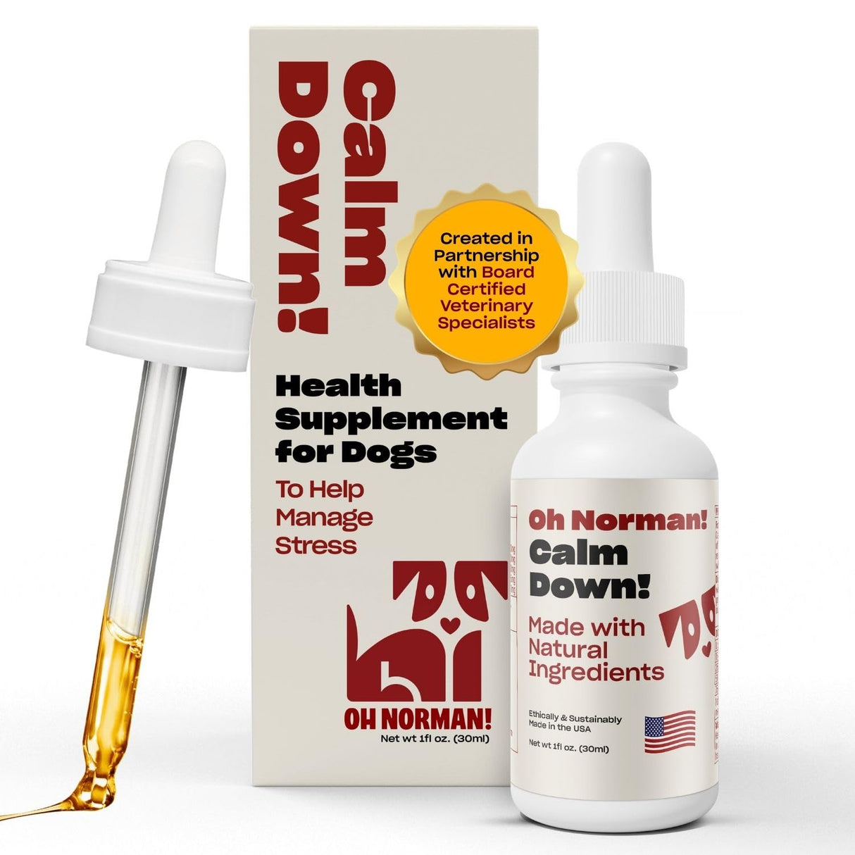 OH NORMAN! Dog Calming Aid Supplement with Chamomile, L-Theanine, Valerian, Passion Flower & Melatonin - Calm Down! by Kaley Cuoco - Ideal for Separation, Thunderstorms, Fireworks & Travel - 1 Fl Oz