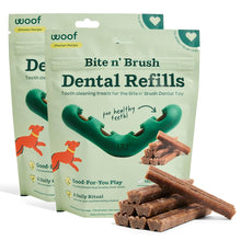 Load image into Gallery viewer, WOOF - Bite n' Brush Refills for The Dog Toothbrush Toy - Scrub Plaque and Tartar from Your Dog's Teeth and Mouth - Dog Dental Chew Toy Treats - Approximately 16 Refills - 2 Pack