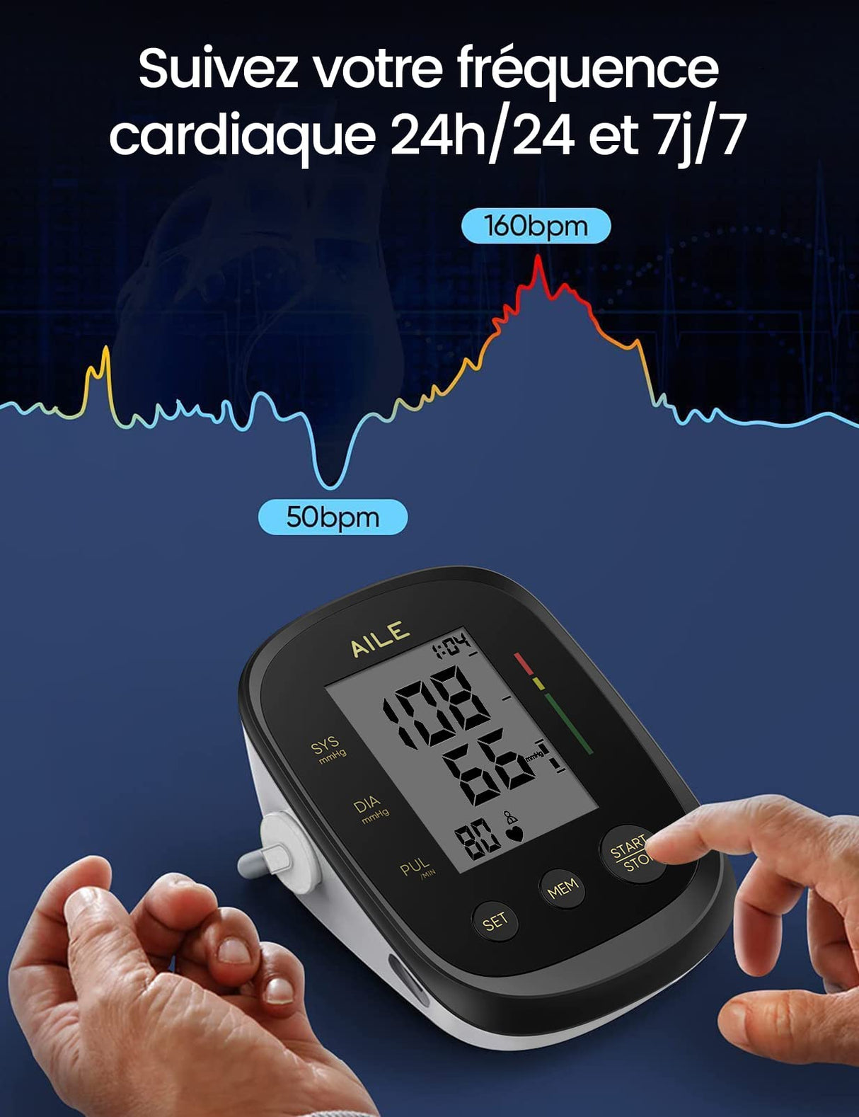 Blood Pressure Monitor,AILE Blood Pressure Machine Upper Arm Large Cuff(8.7"-16.5" Adjustable),Automatic high Blood Pressure Cuff for Home use (Black)
