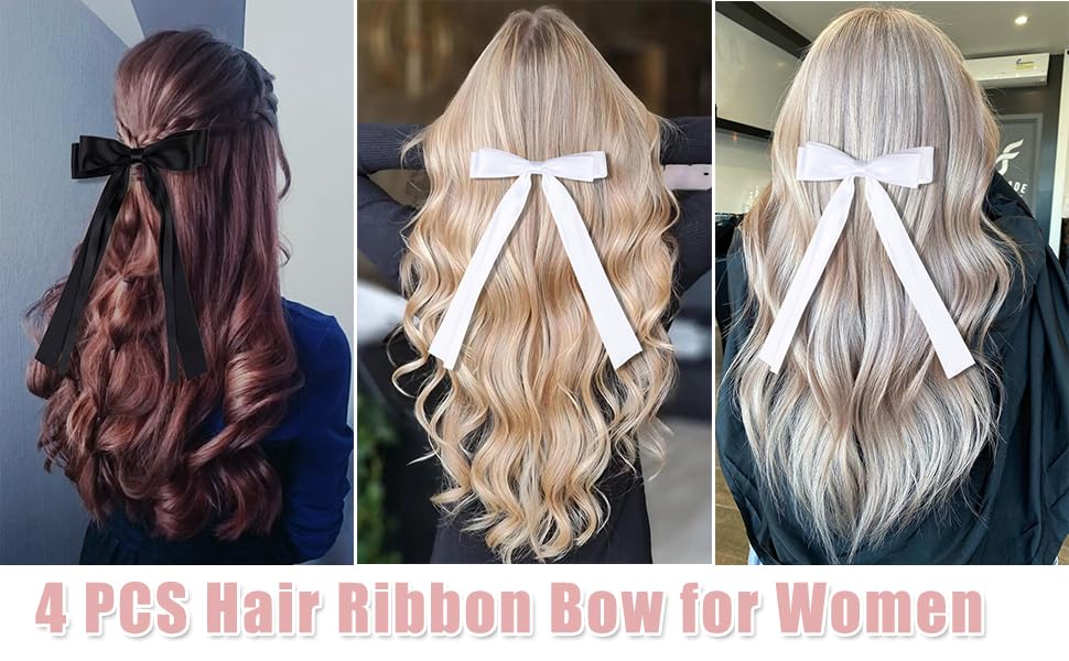 Oversized Long-Tail Hair Bows Set - 4 PCS Ribbons and Large Barrettes for Cute Aesthetic Hair Accessories for Girls (Black White)