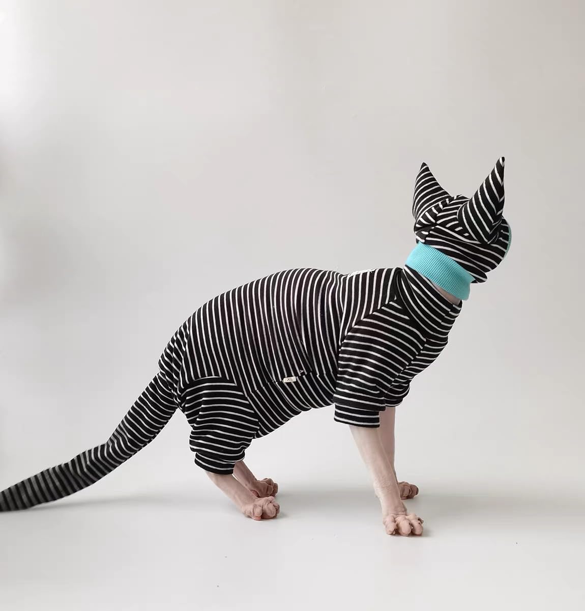 SNIXfever Sphynx Cat Clothes Black Stripe Breathable Shirts Suit, Pet Hat and Shirt Set (X-Large)