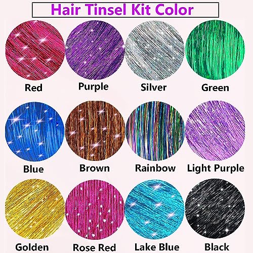 Hair Tinsel Kit (48 Inch,12 Colors, 3800 strands), Fairy Tinsel Hair Extensions with Tools - Glitter Hair Tinsel Heat Resistant Accessories for Girls Women Kids Christmas New Year Halloween Cosplay