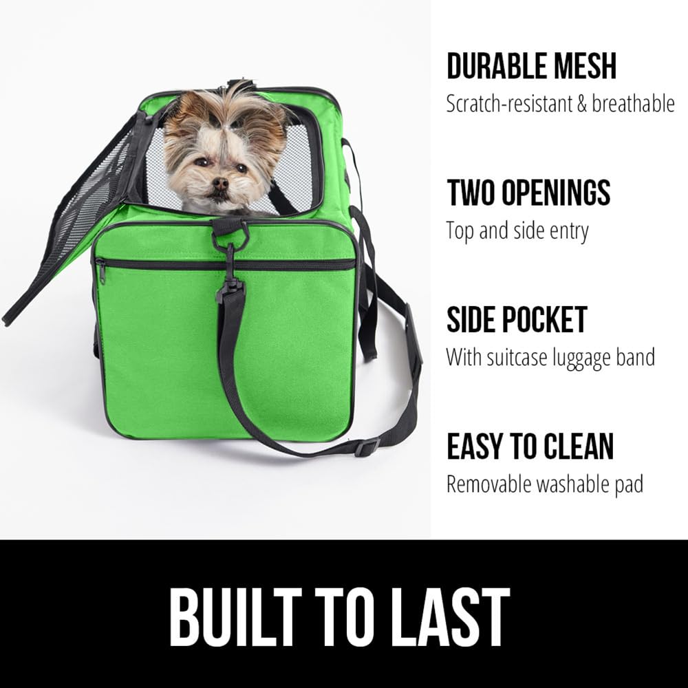 GORILLA GRIP Cat Carrier Travel Bag Up to 15 Lbs, Soft Collapsible Small Dog Carriers, Top and Side Entry Breathable Mesh, Grip Feet on Underside, Cozy Washable Waterproof Pad, Portable Kennel, Green