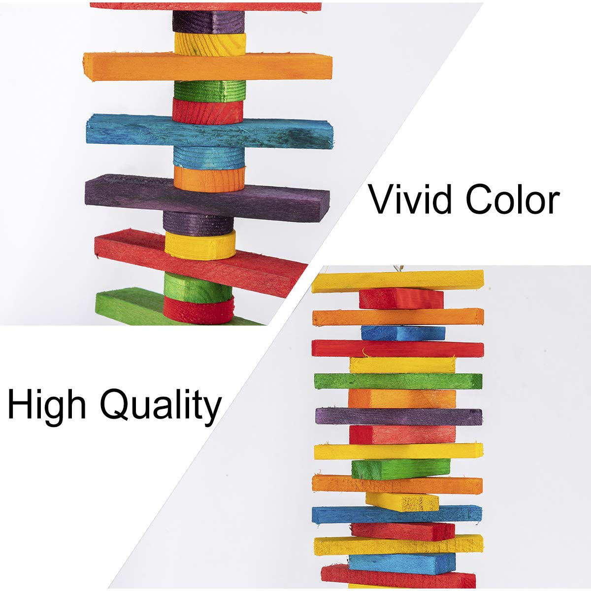 MEWTOGO 2Pcs Bird Toys - Parrot Toys with Multicolored Natural Wooden Blocks, Bird Chewing Sticks Toys for Conures Parakeets Cockatiels Lovebirds African Grey Macaws Amazon Parrots Gift