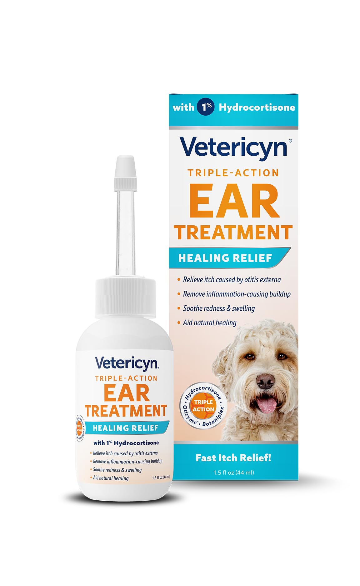 Vetericyn Triple-Action Ear Treatment for Dogs & Cats - 1% Hydrocortisone Ear Drops for Dog Ear Infection Relief - Fast Itch Relief & Healing with Otizyme Blend. 1.5 Ounce