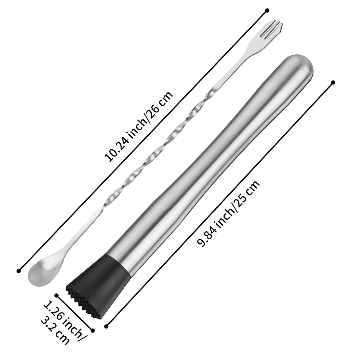 Muddler for Cocktails, 10" Muddler and Long Handle Bar Cocktail Mixing Spoon, Stainless Steel Stirrer, Bar Accessories Tools for Mojitos Fruit Drinks