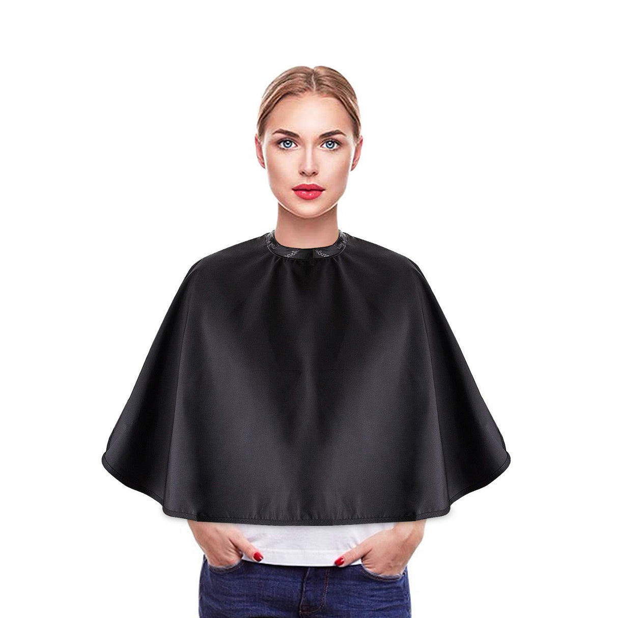 Black Makeup Cape, Chemical & Water Proof Beauty Salon Shorty Smock for Clients, Lightweight Comb-out Beard Apron Shortie Make Up Bib Styling Shampoo Cape for Makeup Artist Beautician