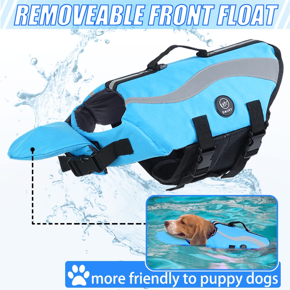 EMUST Dog Flotation Vest, Reflective Life Jacket for Small Dogs with Rescue Handle, Small Dog Vests Lifesaver for Swimming Boating Water with Front Neck Float, Blue,S