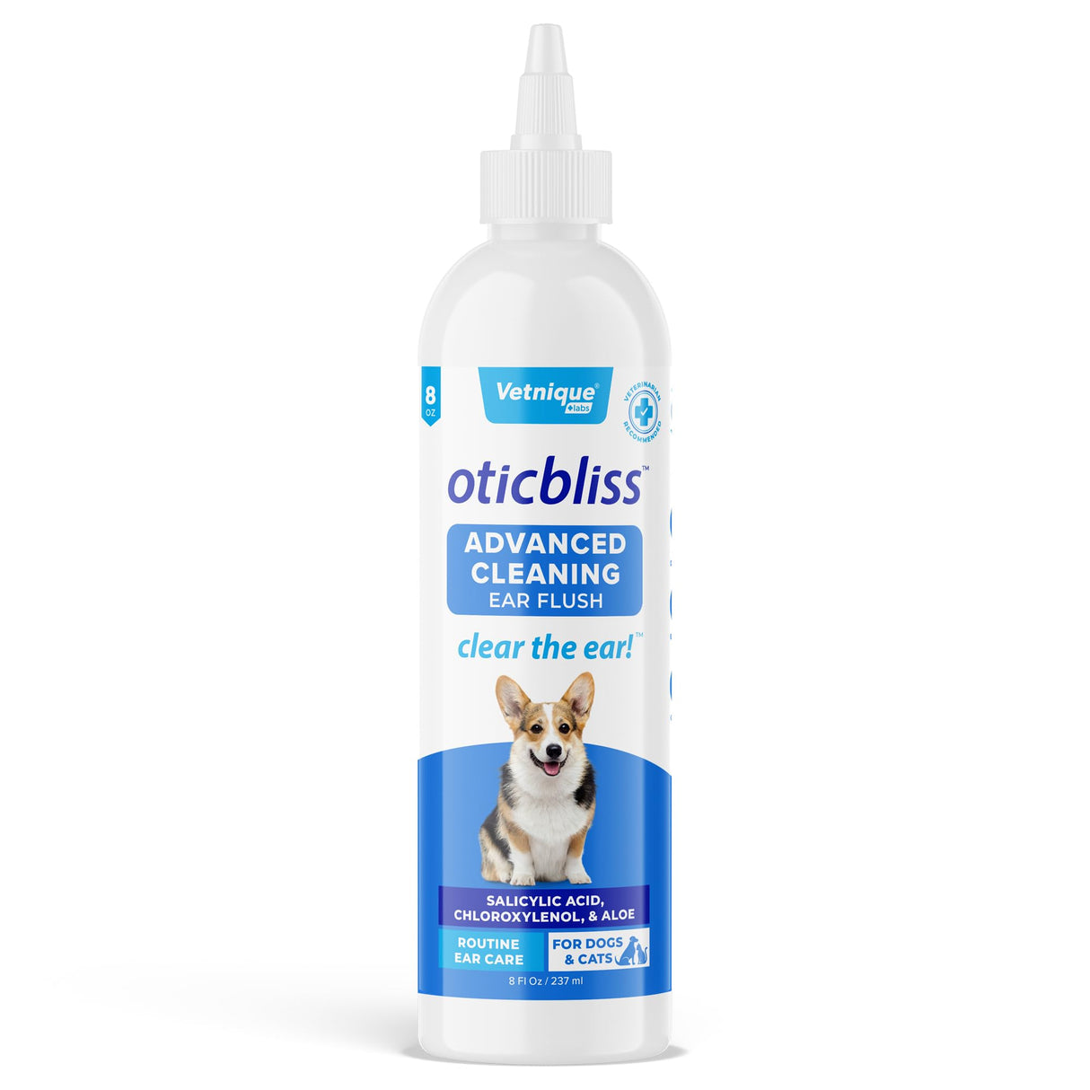 Vetnique Oticbliss Dog Ear Cleaner Flush with Odor Control, Dog Ear Cleaning Solution for Dirt and Wax with Soothing Aloe Dogs & Cats Flush - Vet Recommended for Itchy Ears (8oz, Flush)