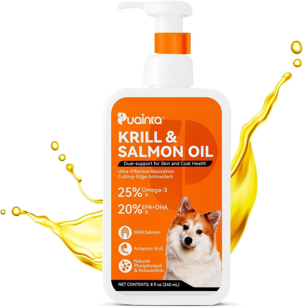 PUAINTA Krill and Salmon Oil for Dogs & Cats for Healthy Skin and Coat, 25% Max Omega 3 for Dog Fish Oil Supplement with EPA & DHA, Vitamin A, E for Dry Skin, Itchy & Allergy Skin Relief -8 oz, Liquid