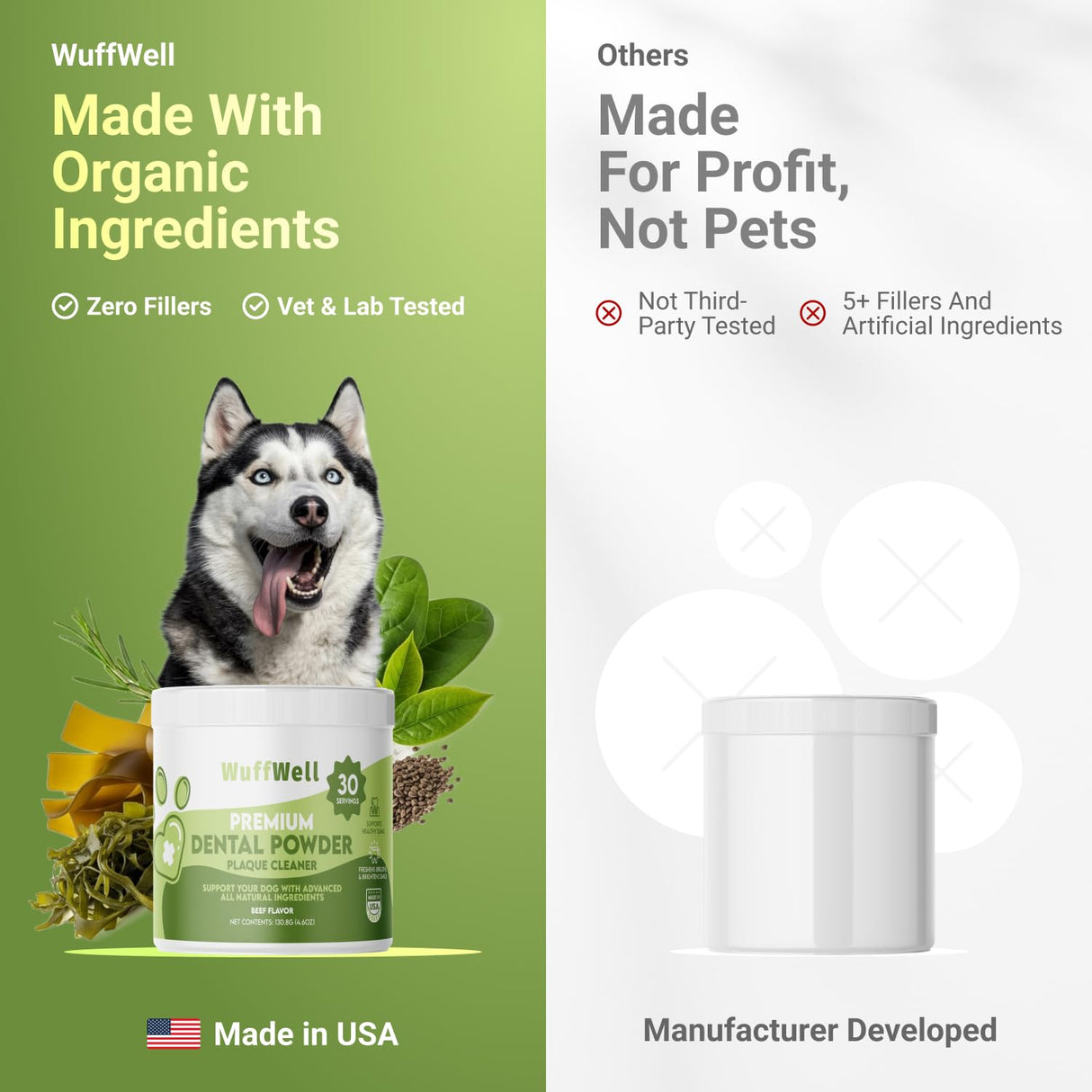 WuffWell Dog Teeth Cleaning Powder with Probiotics – Dog Dental Care for Plaque & Tartar Remover – Effective Dog's Teeth Care & Oral Hygiene for Fresh Breath – USA Made Dental Powder for Dogs Teeth